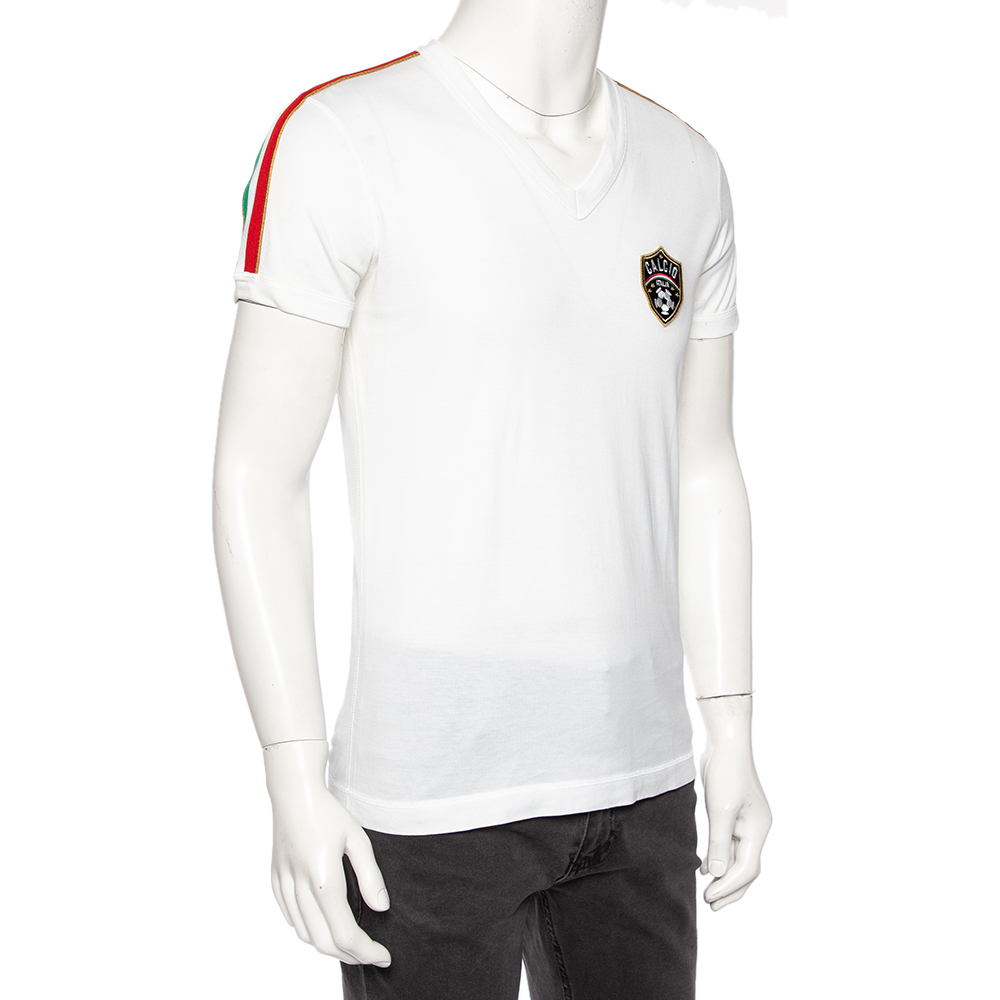 

Dolce & Gabbana White Cotton Calcio Italia Shoulder Stripe Detail V-Neck T-Shirt