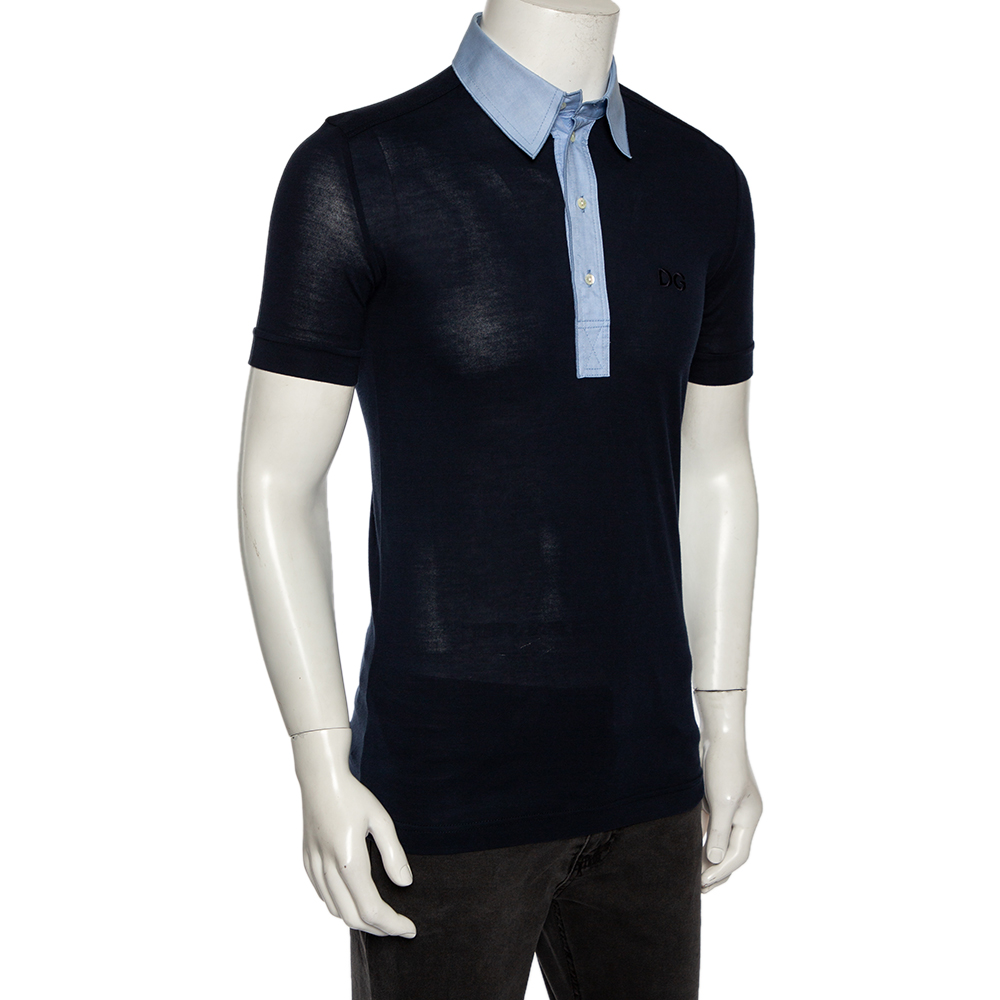 

Dolce & Gabbana Navy Blue Jersey Contrast Collar Detail Polo T Shirt