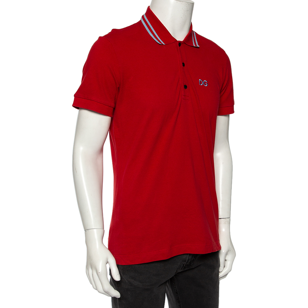 

Dolce & Gabbana Red Cotton Pique Striped Collar Detail Polo T-Shirt