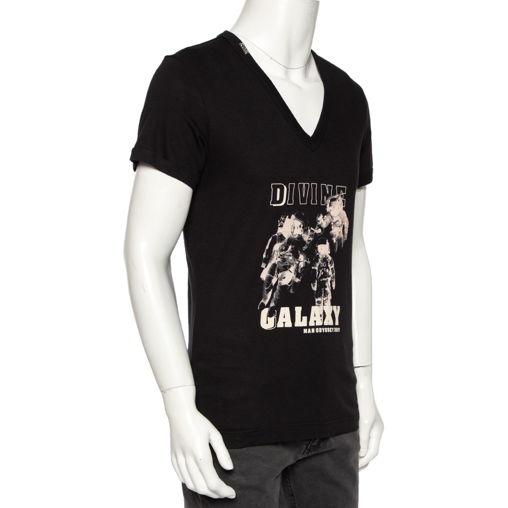 

Dolce & Gabbana Black Cotton Printed V-Neck T-Shirt