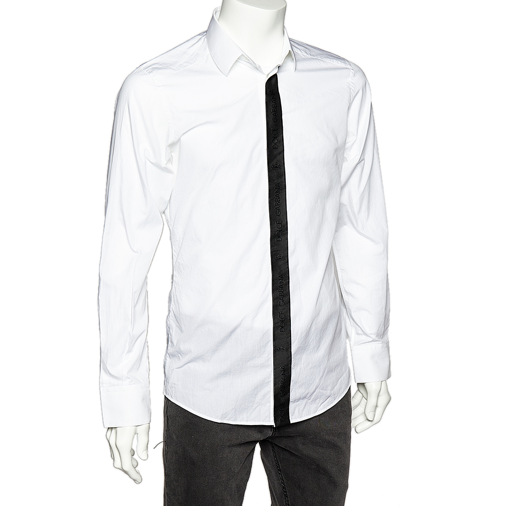 

Dolce & Gabbana White Cotton Contrast Logo Tape Detail Gold Fit Shirt