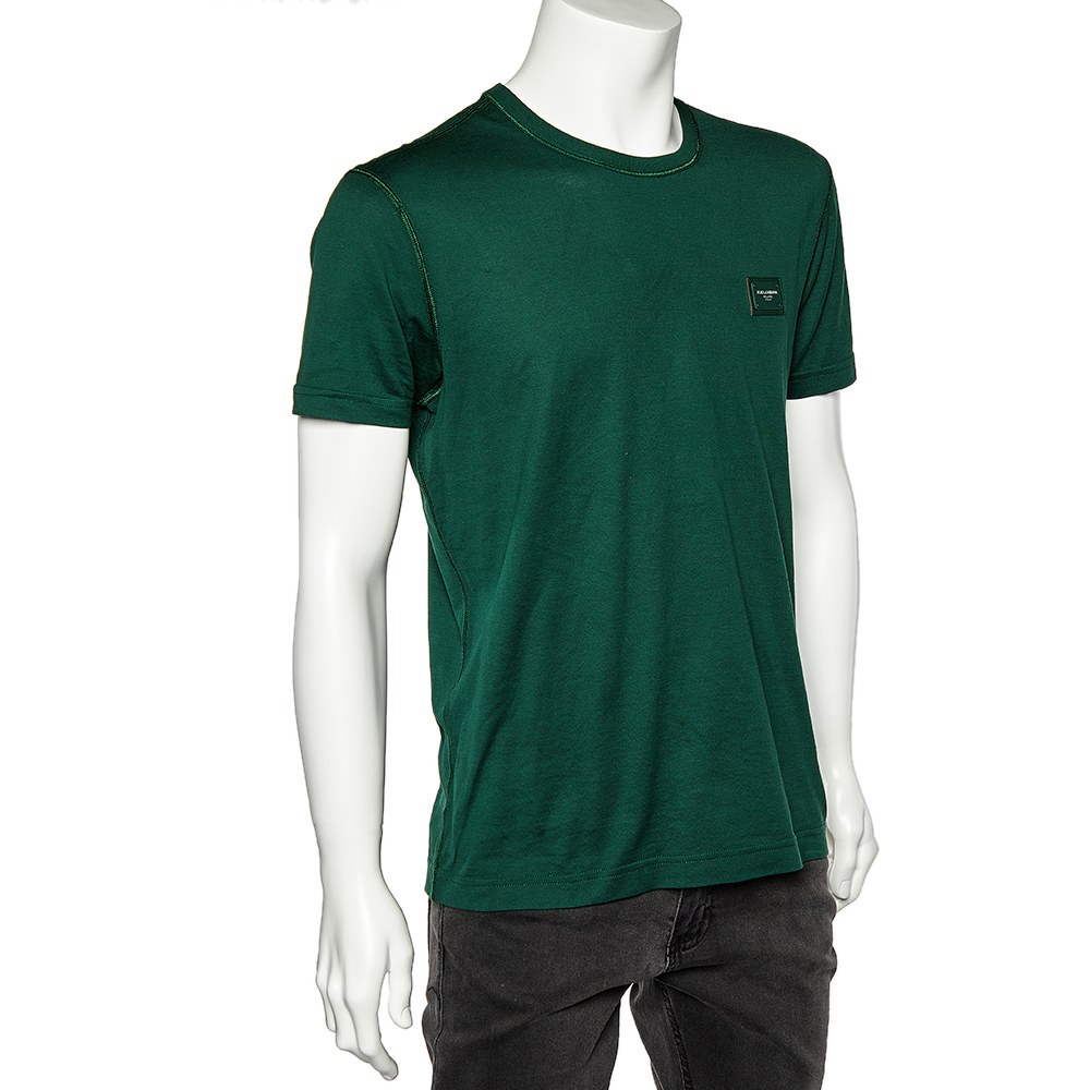 

Dolce & Gabbana Dark Green Cotton Logo Patch Detail Crewneck T-Shirt