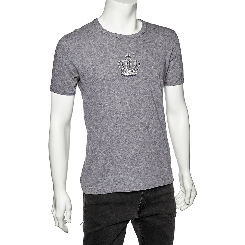 

Dolce & Gabbana Grey Cotton Embroidered Crown Round Neck T-Shirt