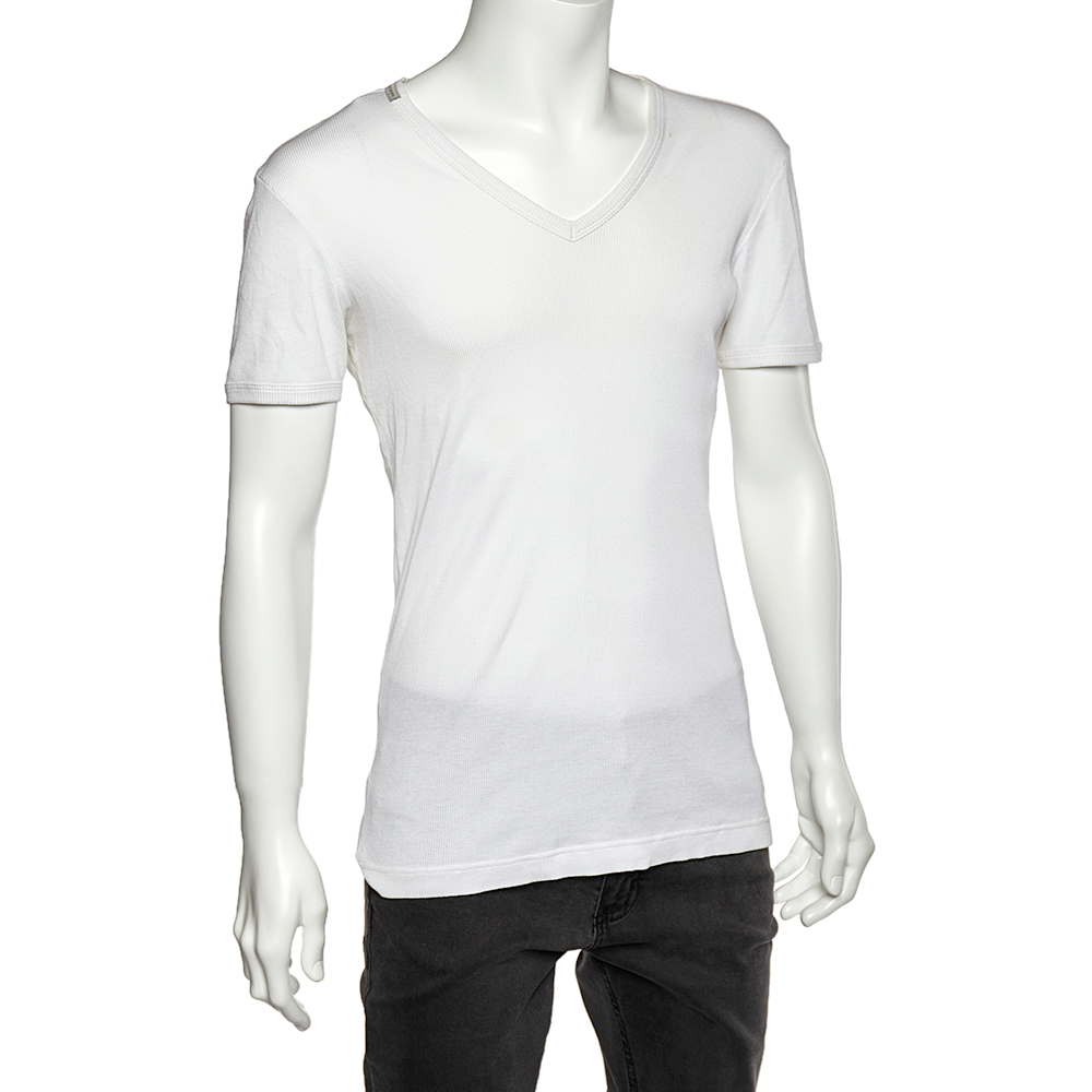 

Dolce & Gabbana White Rib Knit V-Neck T-Shirt