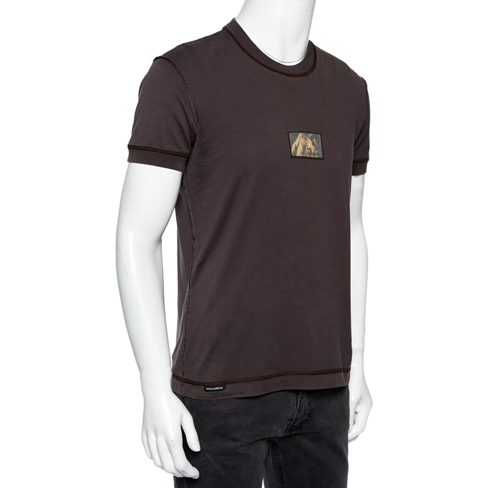 

Dolce & Gabbana Brown Printed Cotton Rawedge Detail Crewneck T-Shirt