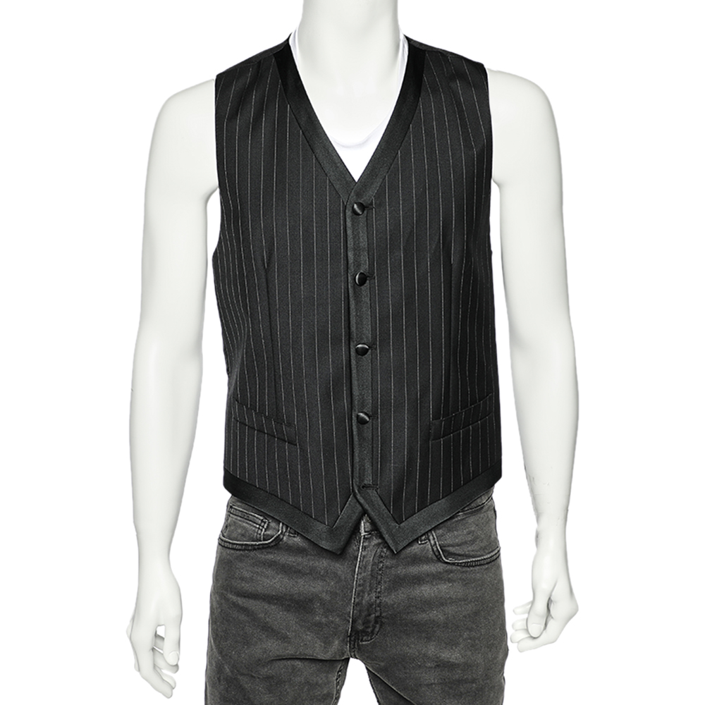 

Dolce & Gabbana Black Striped Wool Satin Trim Vest