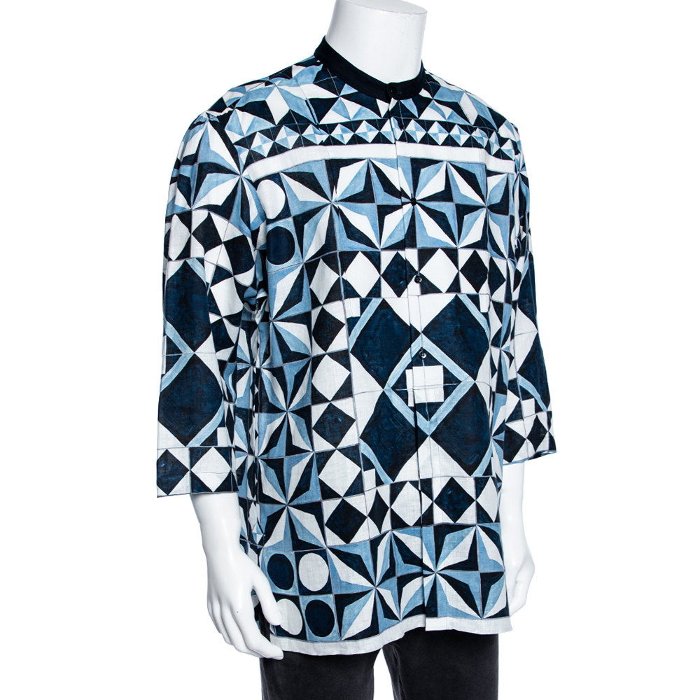 

Dolce & Gabbana Blue Majolica Printed Linen Button Front Shirt