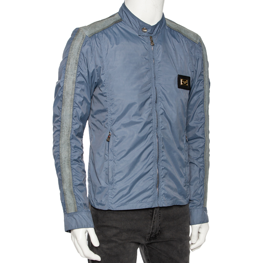 

Dolce & Gabbana Blue Synthetic and Leather Trim Zip Front Jacket