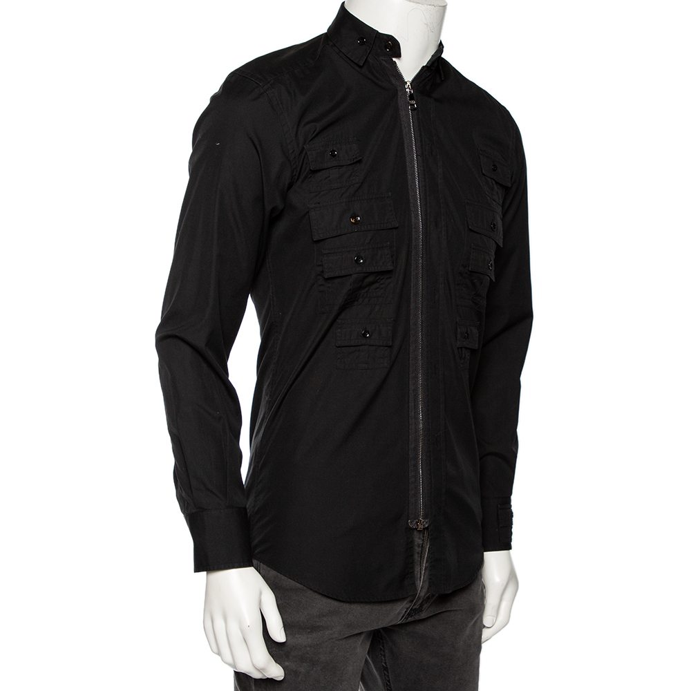 

Dolce & Gabbana Black Cotton Pocket Detail Zip Front Slim Fit Shirt