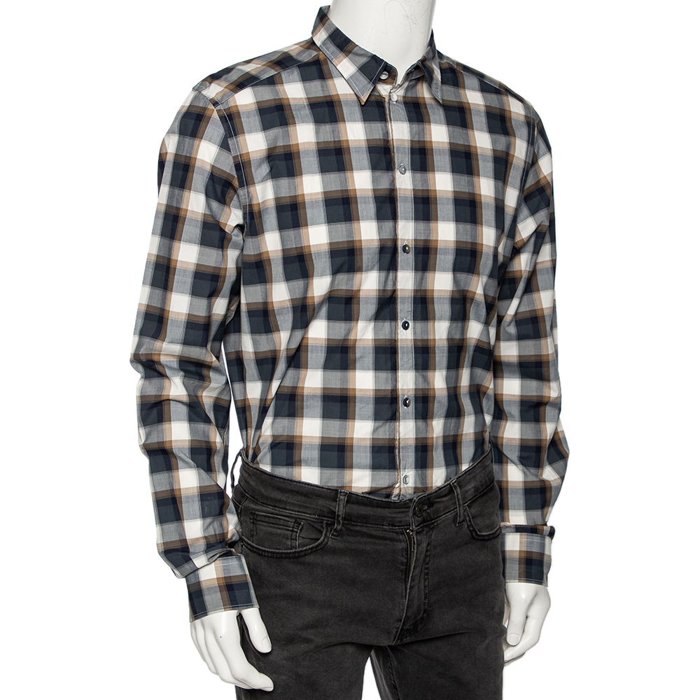 

Dolce & Gabbana Blue & Brown Plaid Checked Cotton Gold Label Shirt