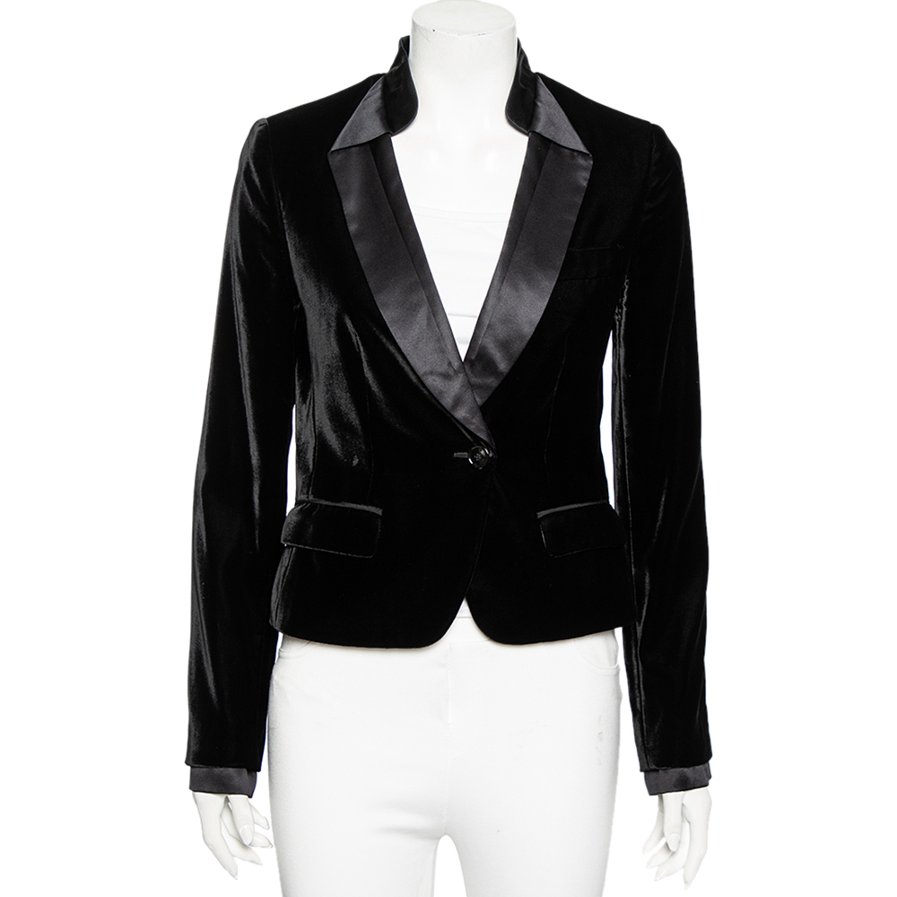 Pre Owned Dolce & Gabbana Black Velvet & Satin Lapel Detailed Blazer XXS