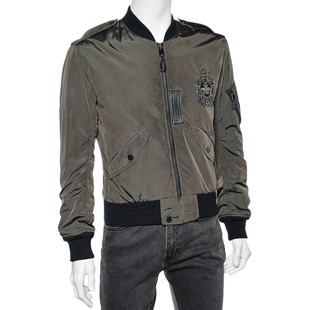 

Dolce & Gabbana Military Green Nylon Bee & Crown Embellished Bomber Jacket