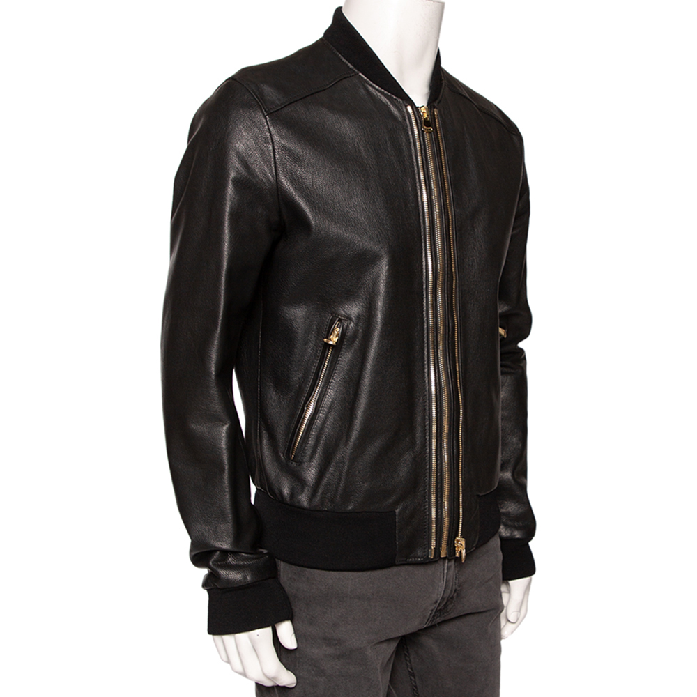 

Dolce & Gabbana Black Leather Zip Front Bomber Jacket