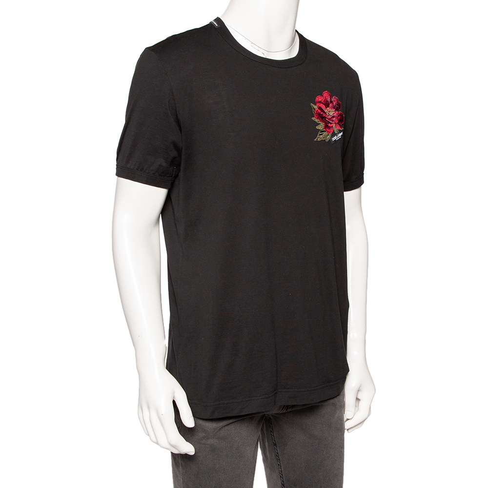 

Dolce & Gabbana Black Cotton Floral Applique Detailed Slim Fit T-Shirt