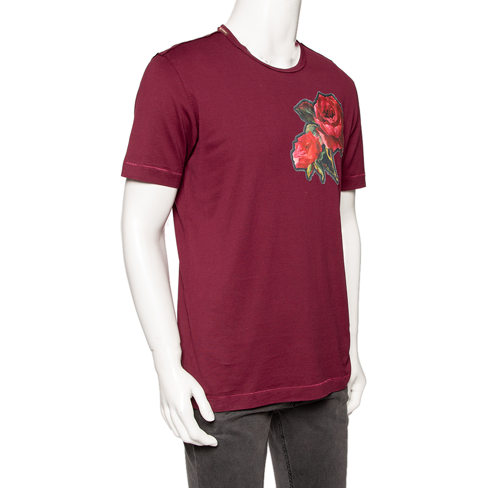 

Dolce & Gabbana Burgundy Cotton Rose Applique Detailed T-Shirt