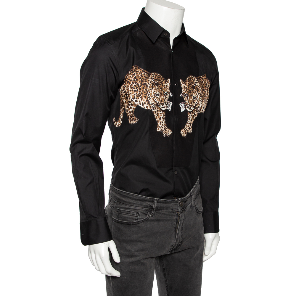 

Dolce & Gabbana Black Cotton & Silk Tiger Appliqued Tuxedo Shirt