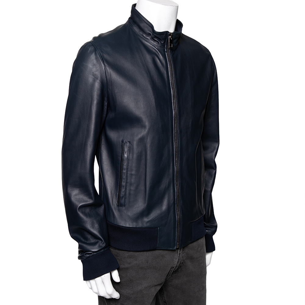 

Dolce & Gabbana Navy Blue Leather Rib Knit Trim Detailed Zip Front Jacket
