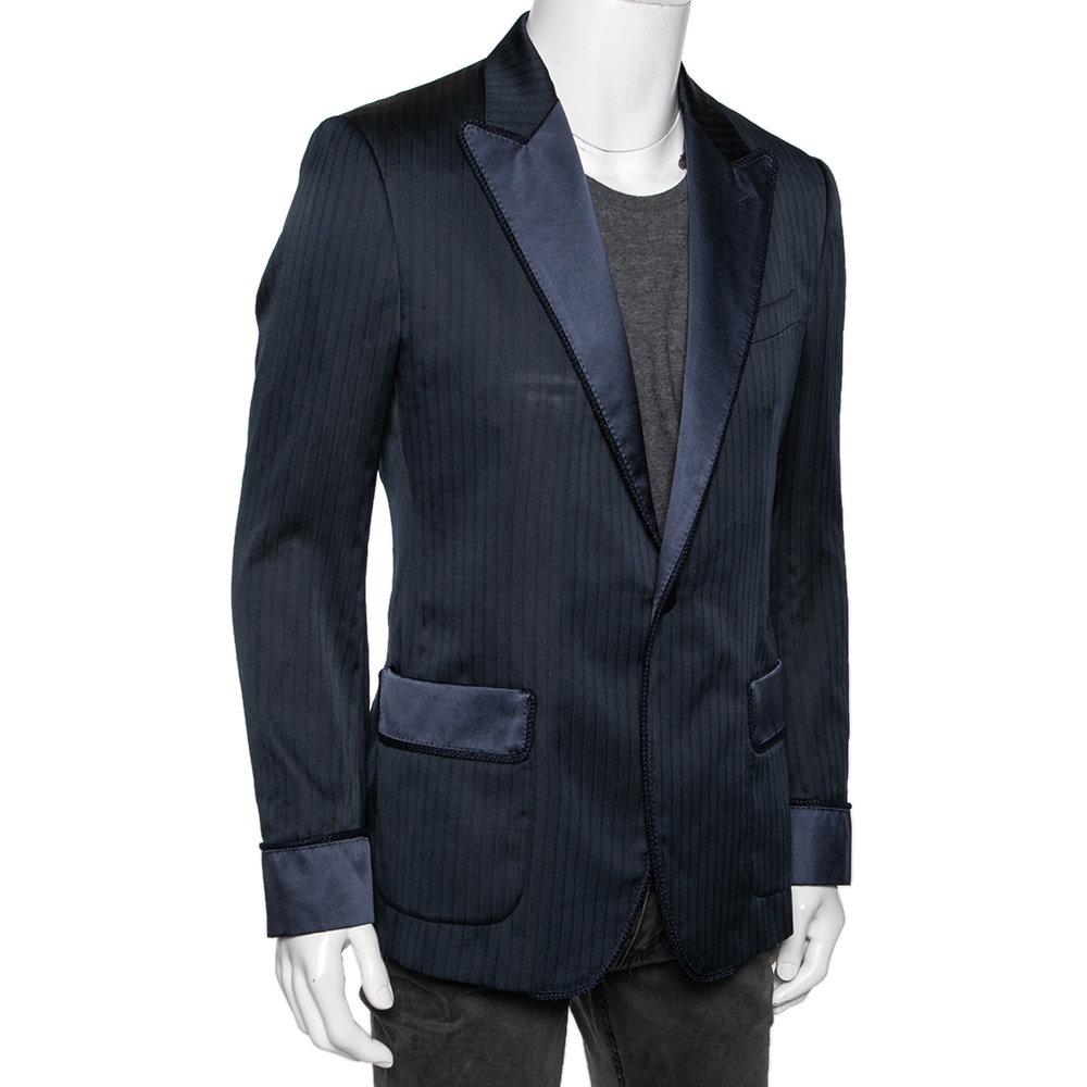 

Dolce & Gabbana Blue Stripe Jacquard Silk Single Breasted Blazer