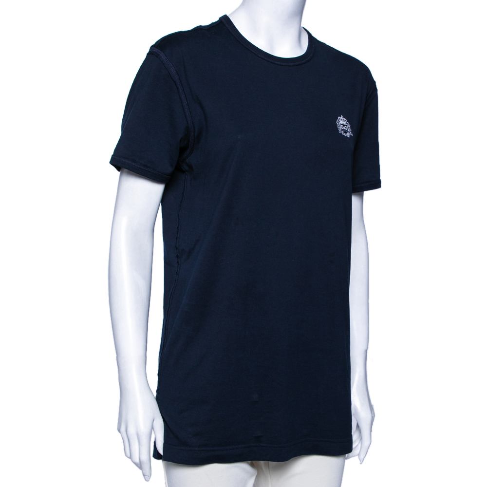 

Dolce & Gabbana Navy Blue Cotton DG Embroidered Top