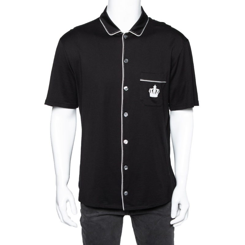 Pre Owned Dolce & Gabbana Black Cotton Jersey Crown Embroidered Shirt L