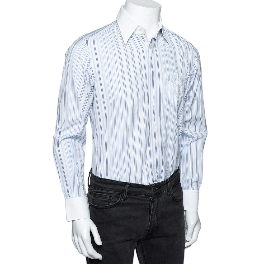

Dolce & Gabbana Blue Striped Cotton Contrast Detail Slim Fit Shirt