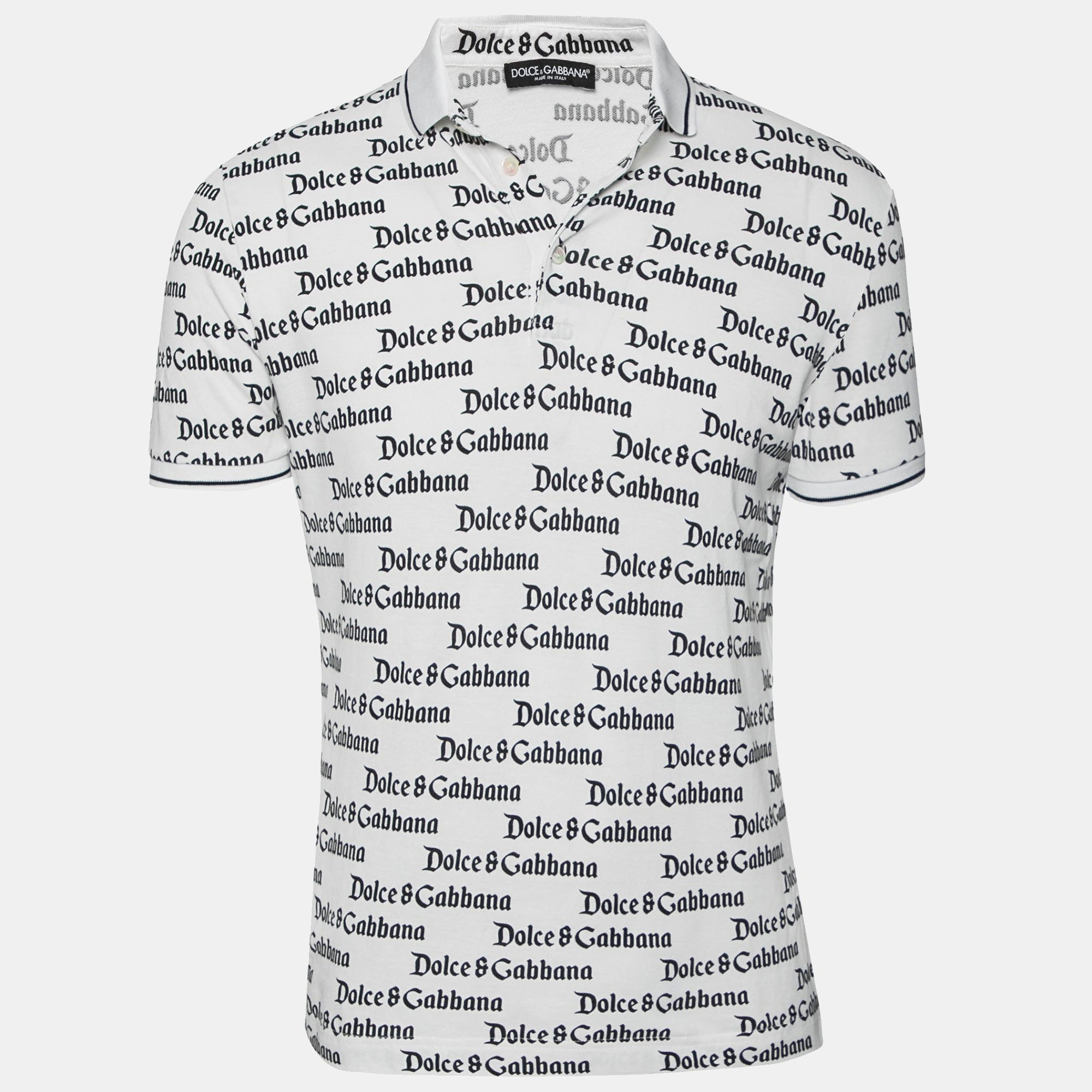 Pre-owned Dolce & Gabbana White And Black All Over Logo Printed Polo T-shirt S