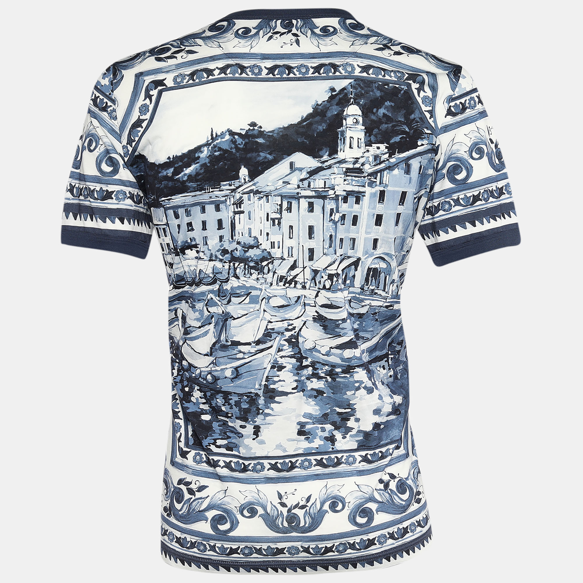 

Dolce & Gabbana White and Blue Ceramic Printed Crew Neck T-Shirt