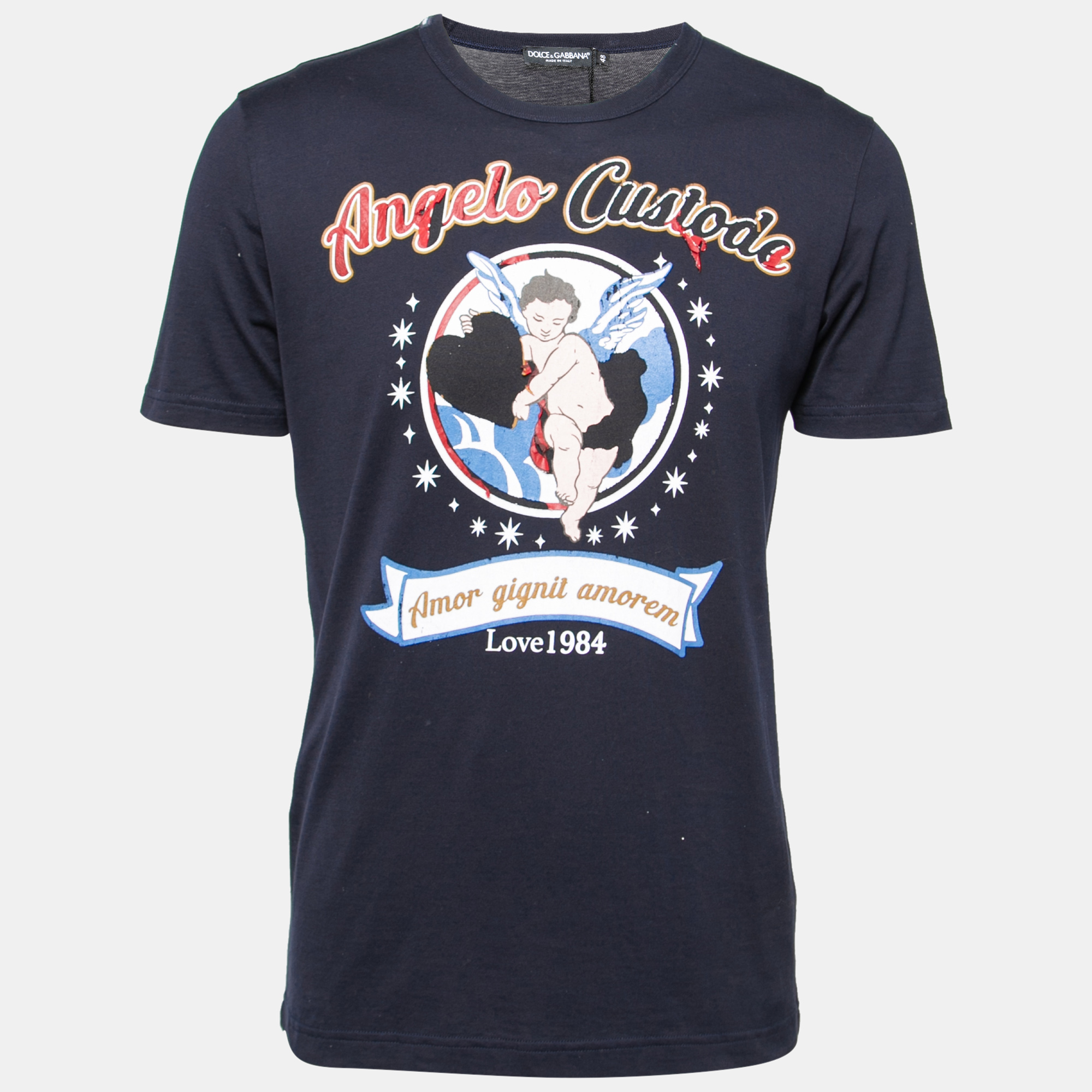 Pre Owned Dolce & Gabbana Navy Blue Angel Printed Cotton Crew Neck T-Shirt M