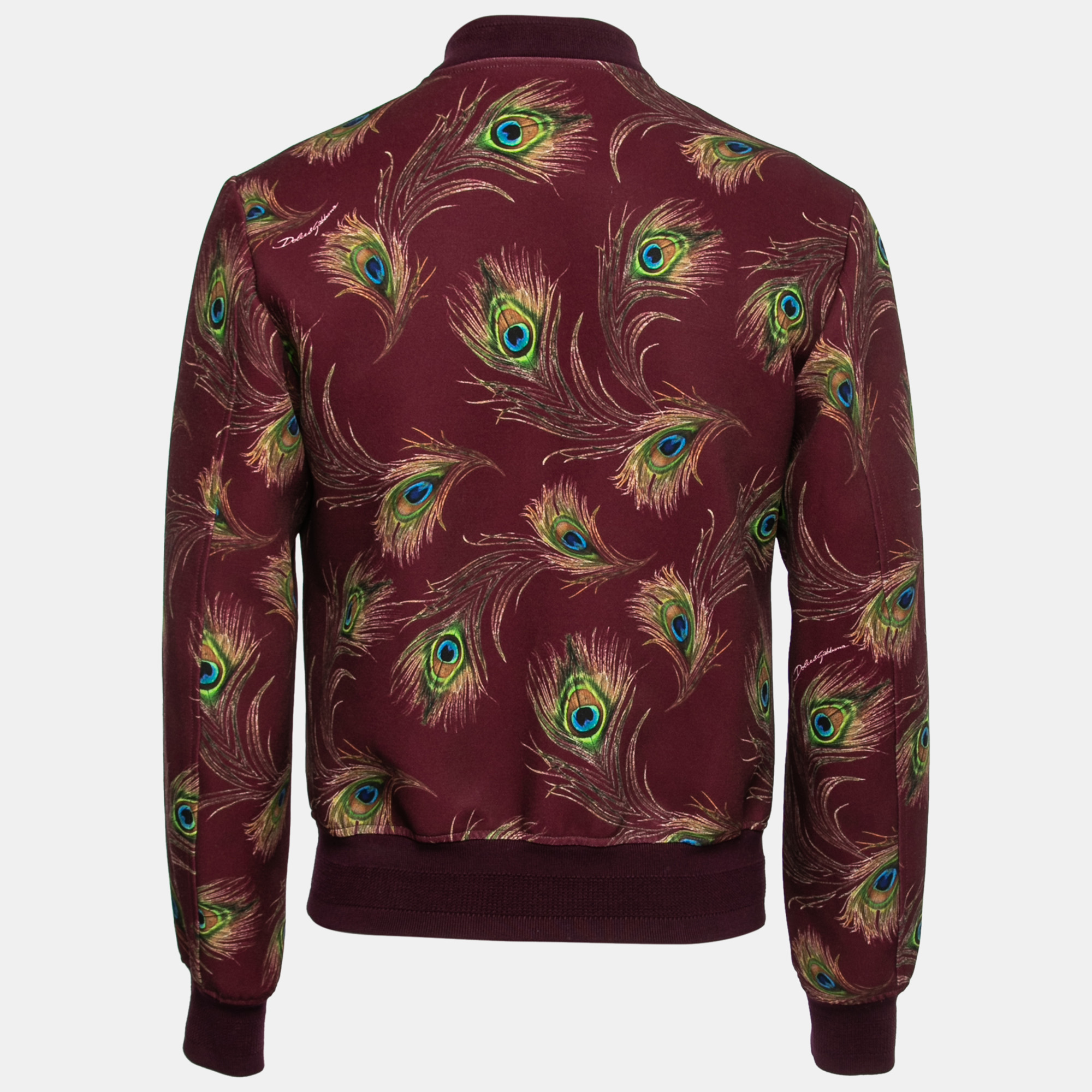 

Dolce & Gabbana Burgundy Peacock Feather Print Knit Zip-Front Bomber Jacket