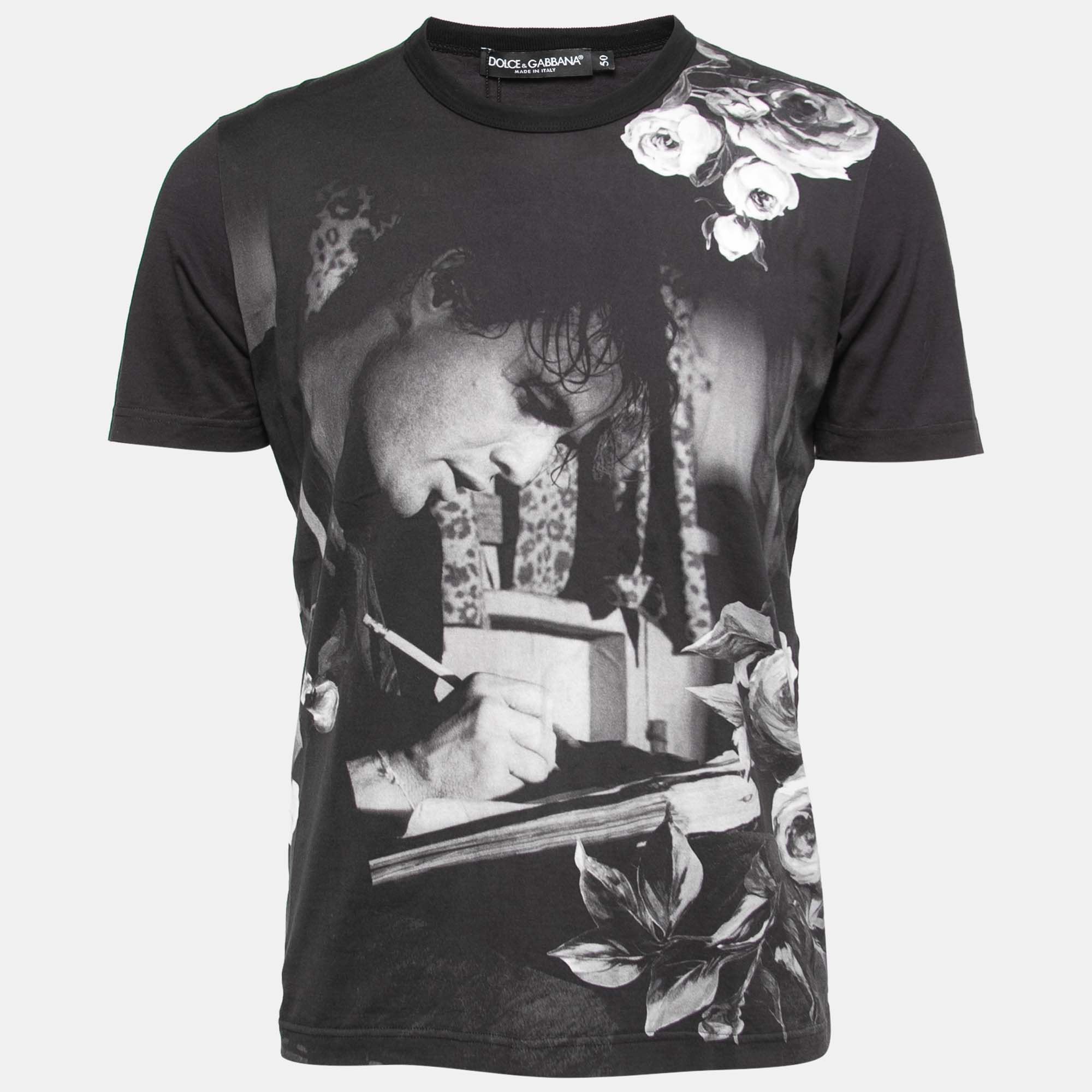 Pre-owned Dolce & Gabbana Black Jersey Marlon Brando Print Crewneck T-shirt L