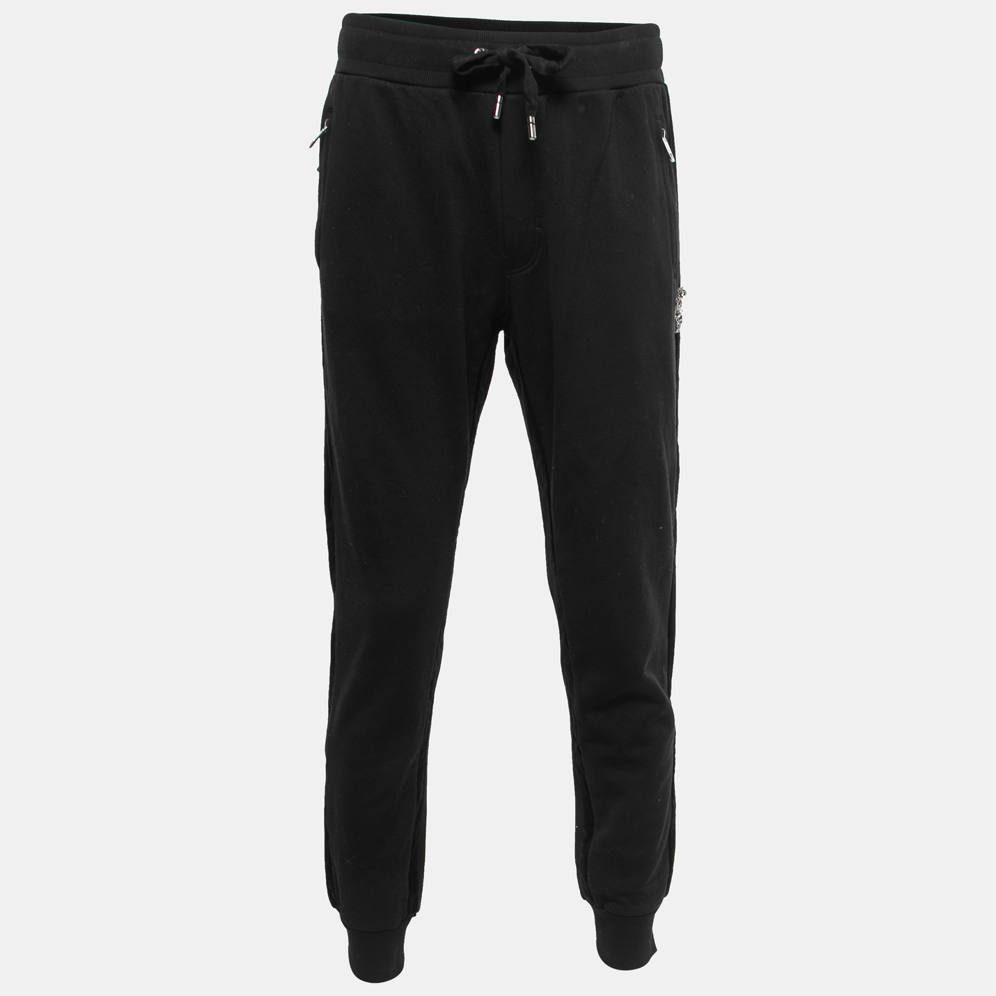 Pre Owned Dolce & Gabbana  Black Cotton Side Velvet Trim Detail Joggers L