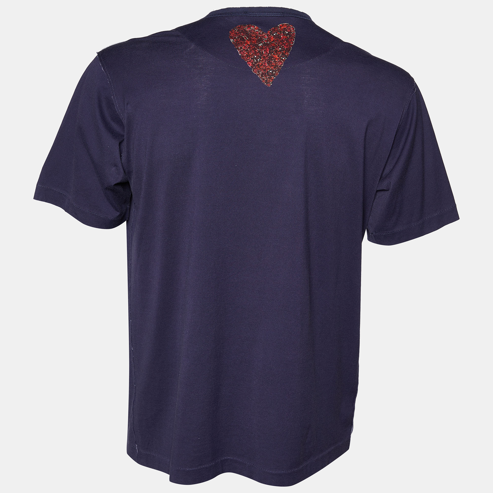 

Dolce & Gabbana Navy Blue Crystal Horse Print Cotton Distressed T-Shirt
