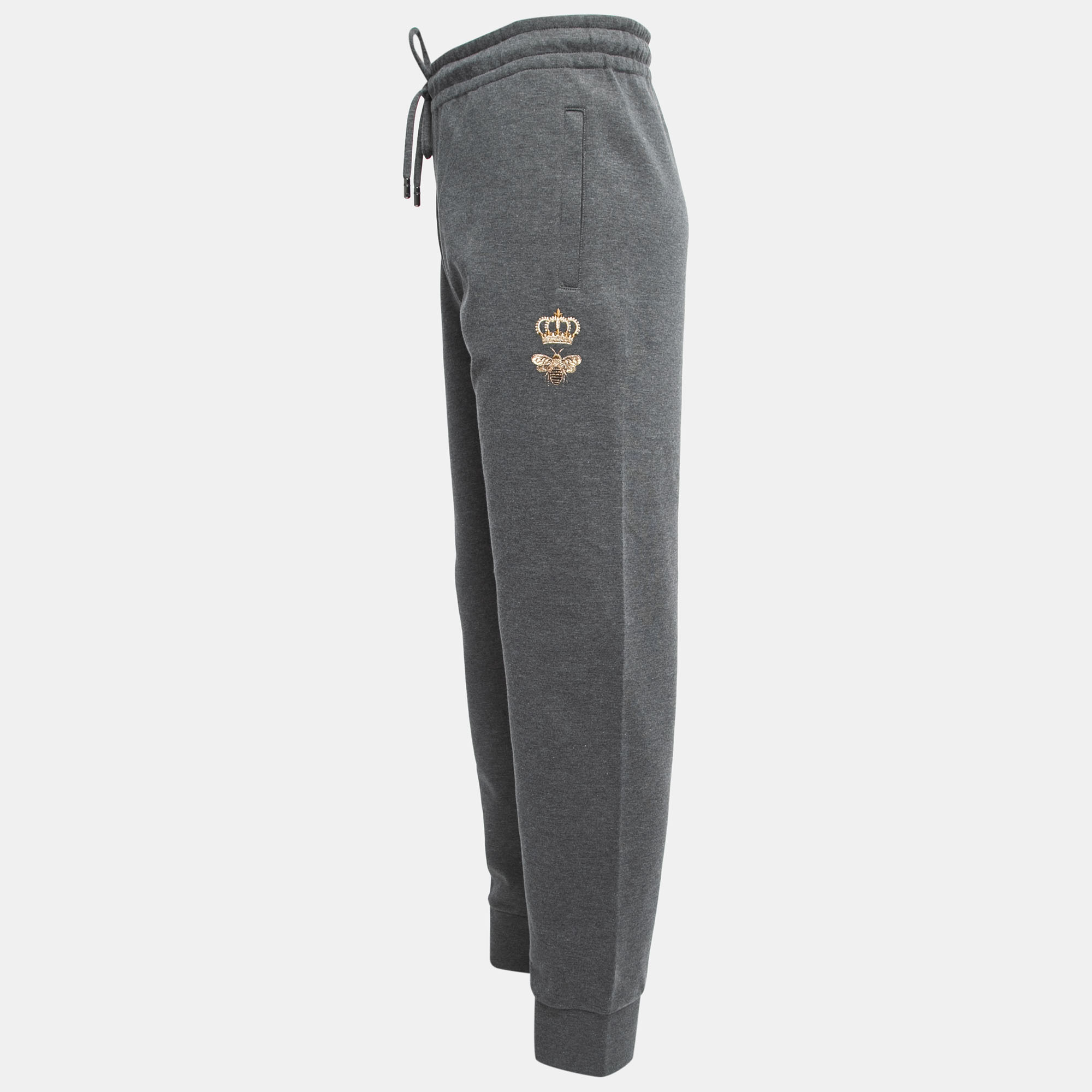 

Dolce & Gabbana Grey Bee Embroidered Cotton Knit Zip Detail Jogger Pants