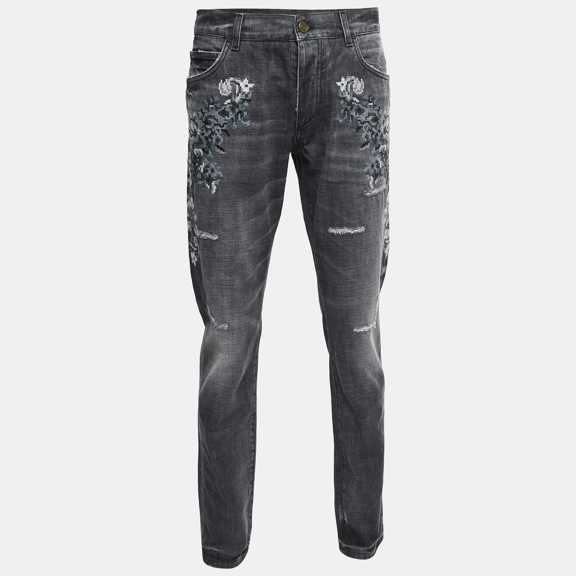 

Dolce & Gabbana Grey Embroidered Denim 16 Classic Fit Jeans /Waist 36