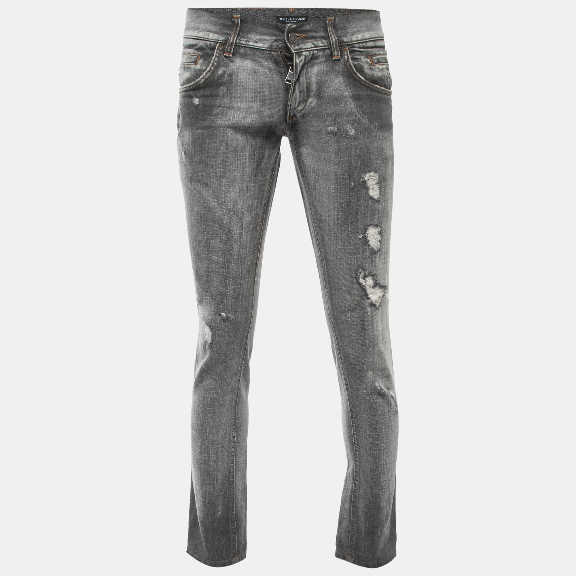 Pre-owned Dolce & Gabbana Grey Washed & Distressed Denim Jeans L Waist 32" In Metallic