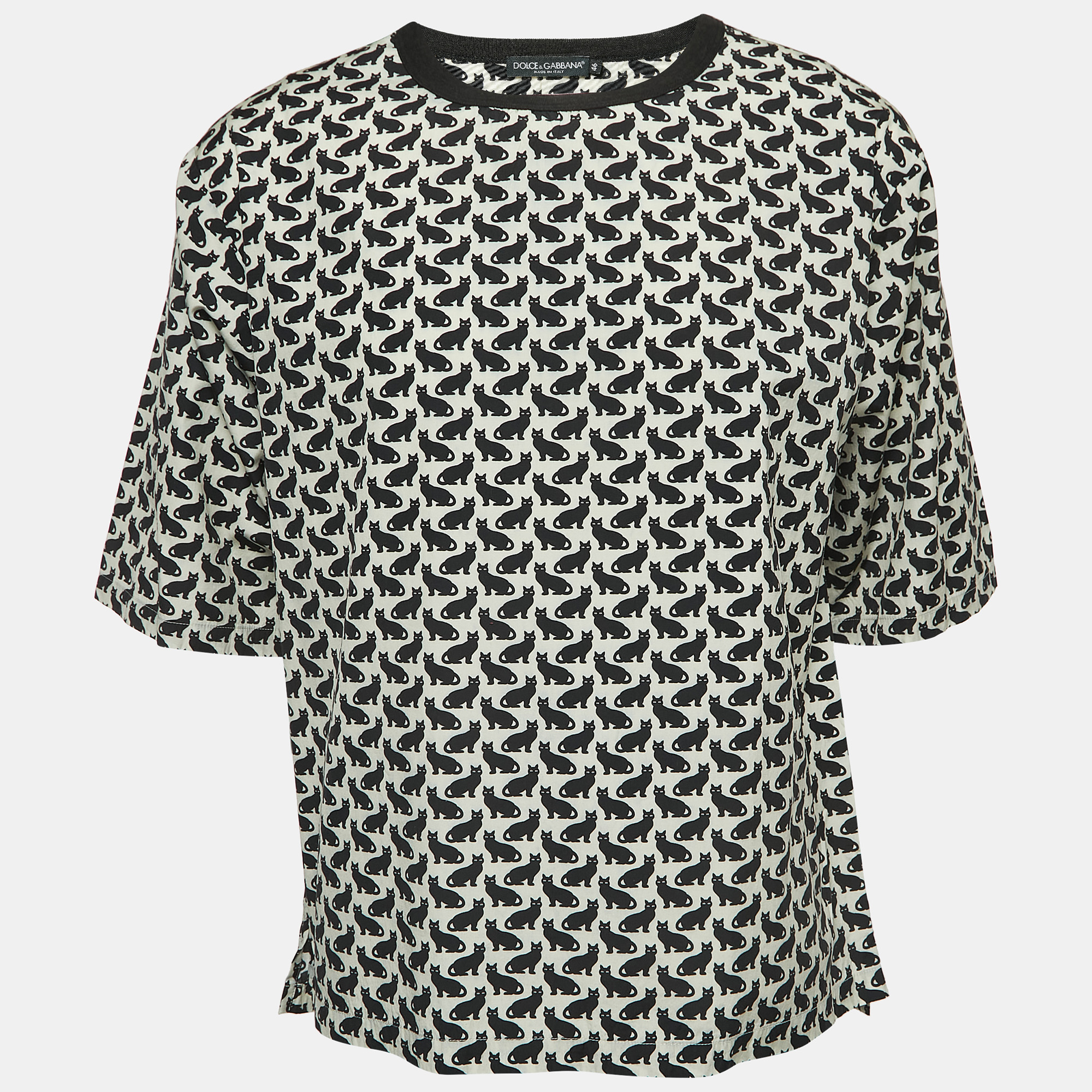 

Dolce & Gabbana Cream All-Over Cat Print Cotton Half Sleeve Shirt S