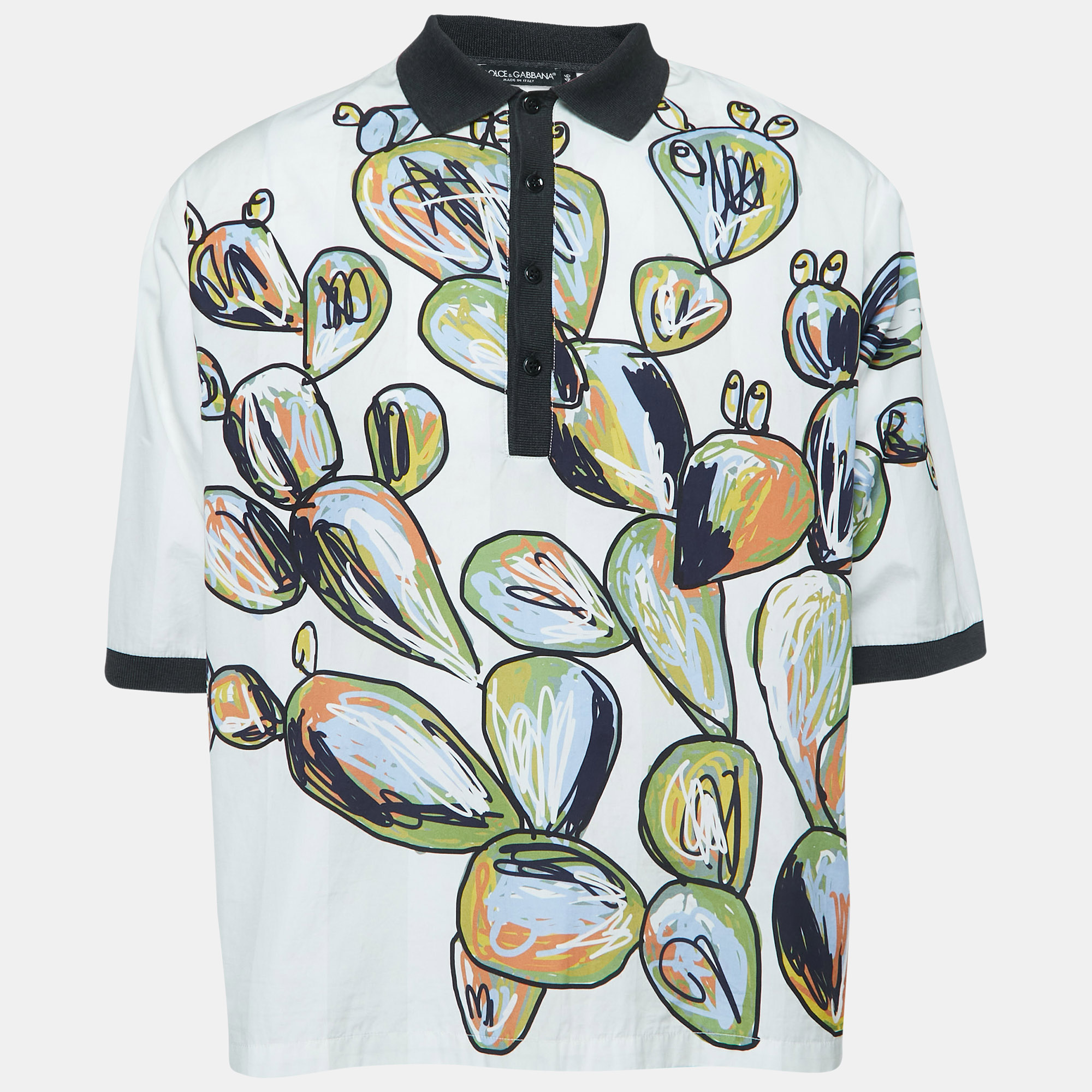 Pre-owned Dolce & Gabbana White Sketch Print Oversized Polo Shirt S