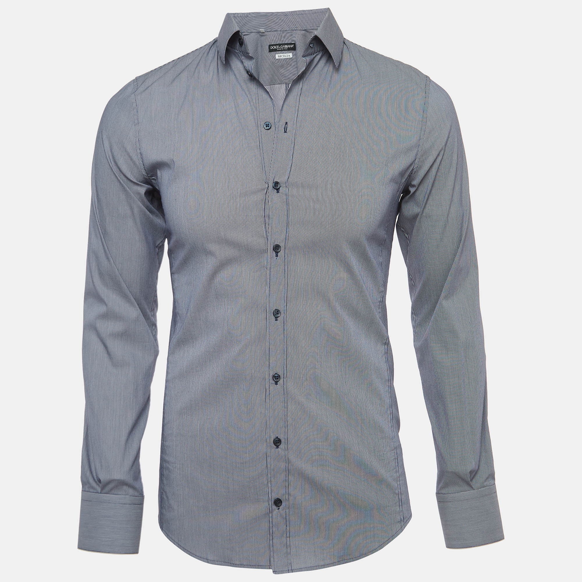 

Dolce & Gabbana Navy Blue Striped Cotton Sicilia Full Sleeve Shirt