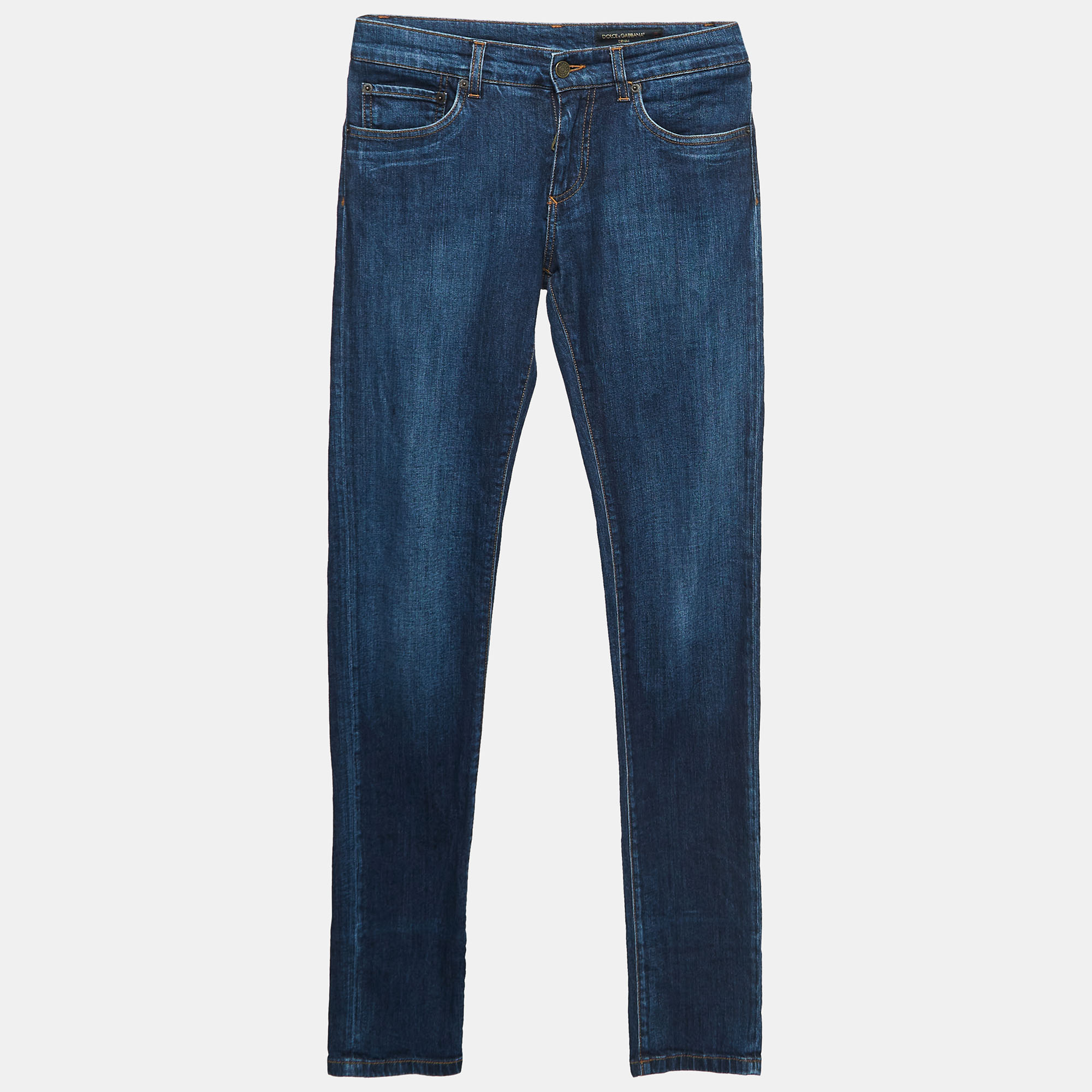 Pre-owned Dolce & Gabbana Blue Leather Logo Trim Denim Classic Jeans S Waist 30''