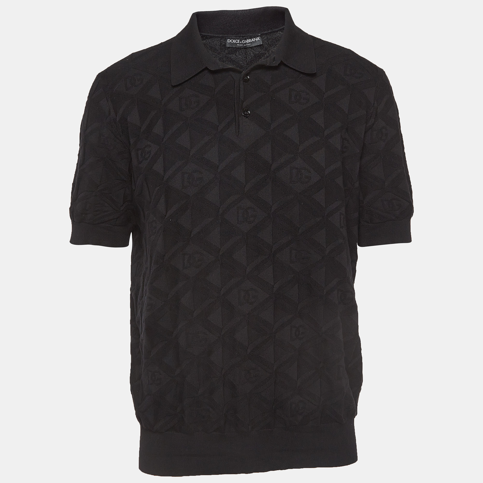Pre-owned Dolce & Gabbana Black Dg Textured Silk Knit Polo T-shirt Xxl