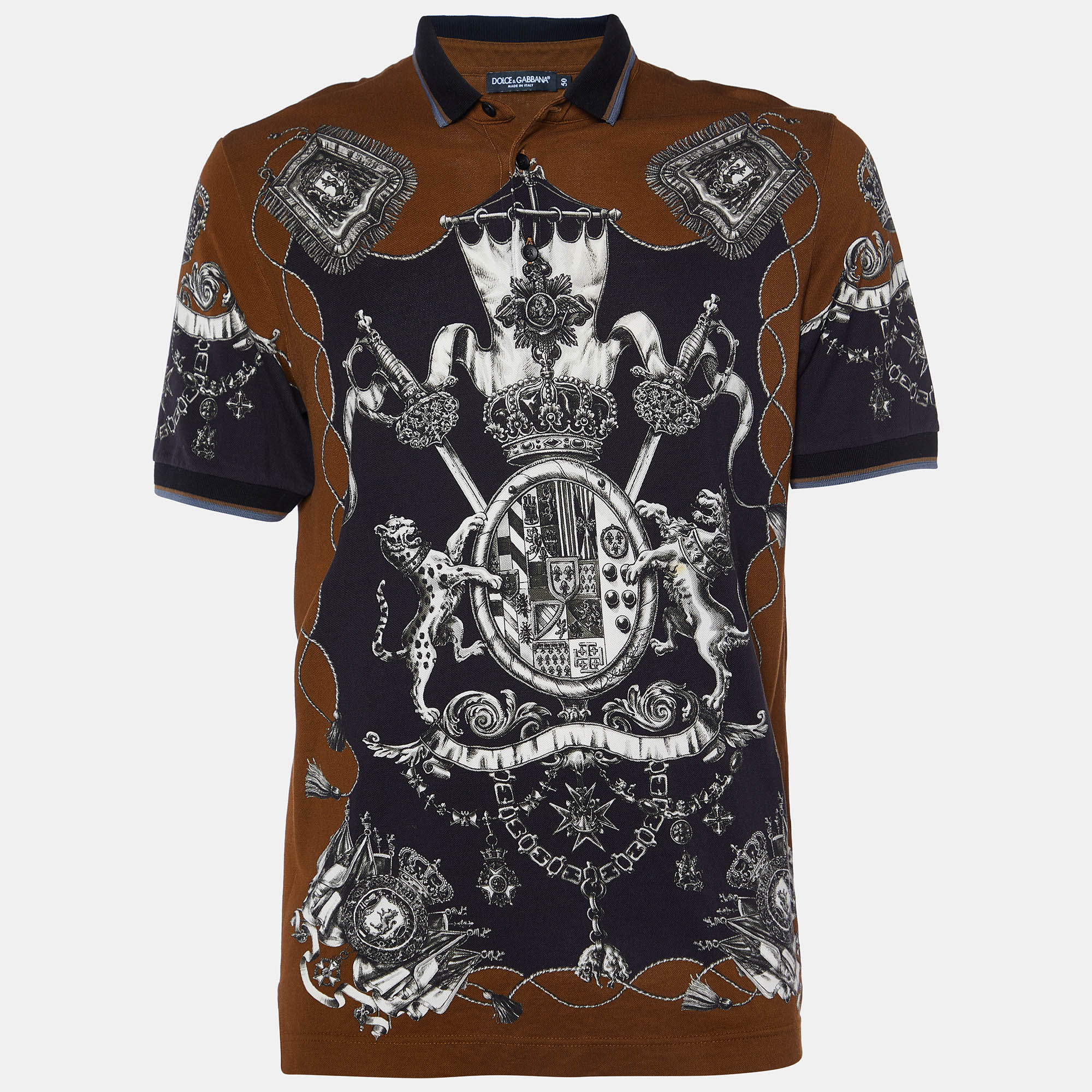 

Dolce & Gabbana Brown Crown Print Cotton Pique Polo T-Shirt