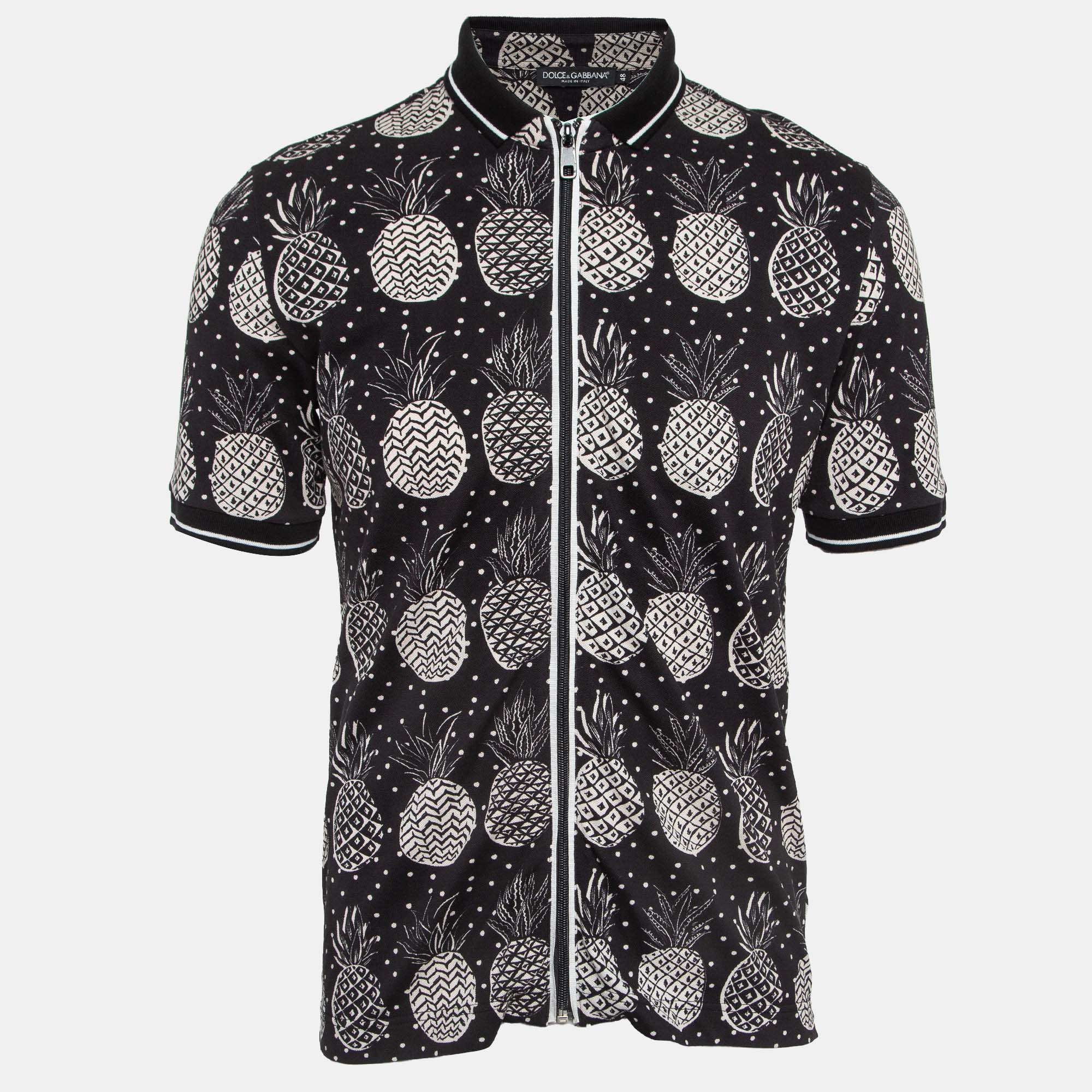

Dolce & Gabbana Black Pineapple Print Cotton Pique Zipper Polo T-Shirt