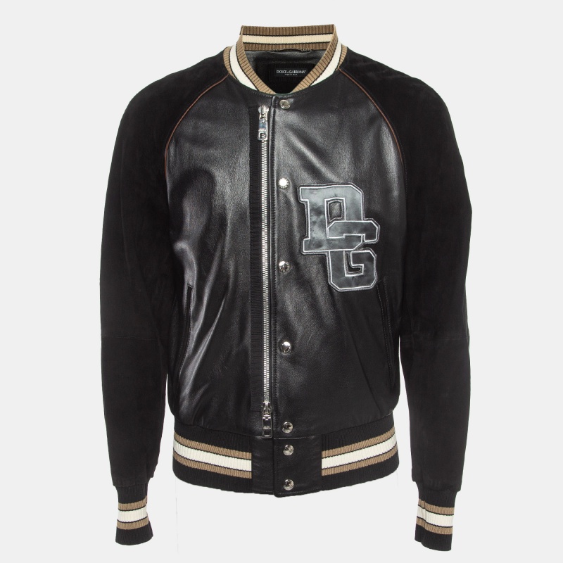 Pre-owned Dolce & Gabbana Black Leather And Suede Varsity Bomber Jacket L