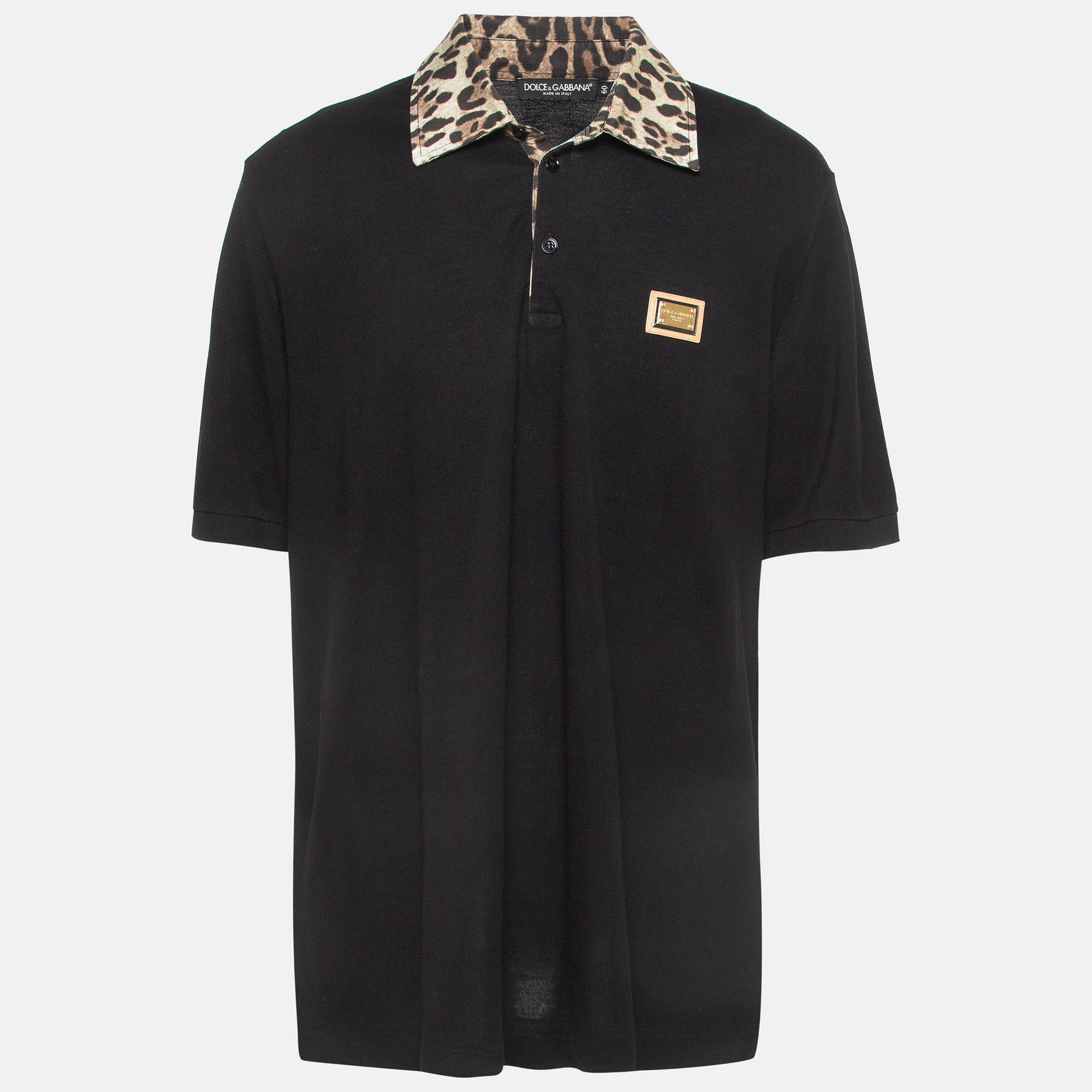 Pre-owned Dolce & Gabbana Black Leopard Print Collar Cotton Polo T-shirt 5xl