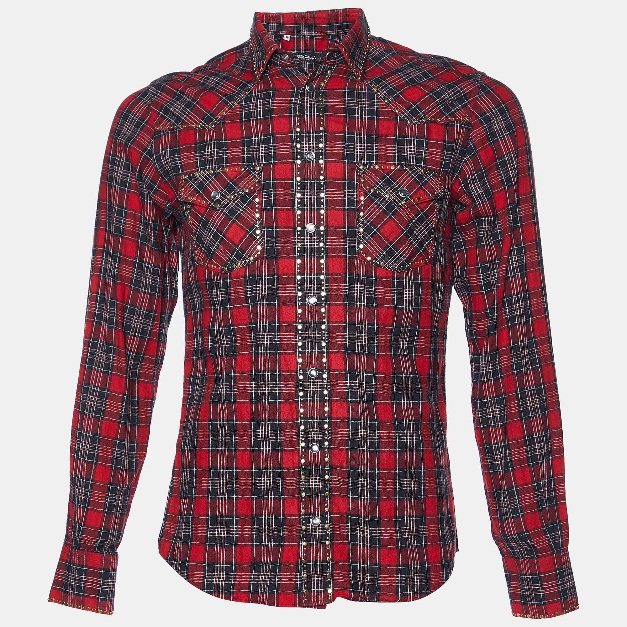 Pre-owned Dolce & Gabbana Red Plaid Checked Cotton Studded Shirt S