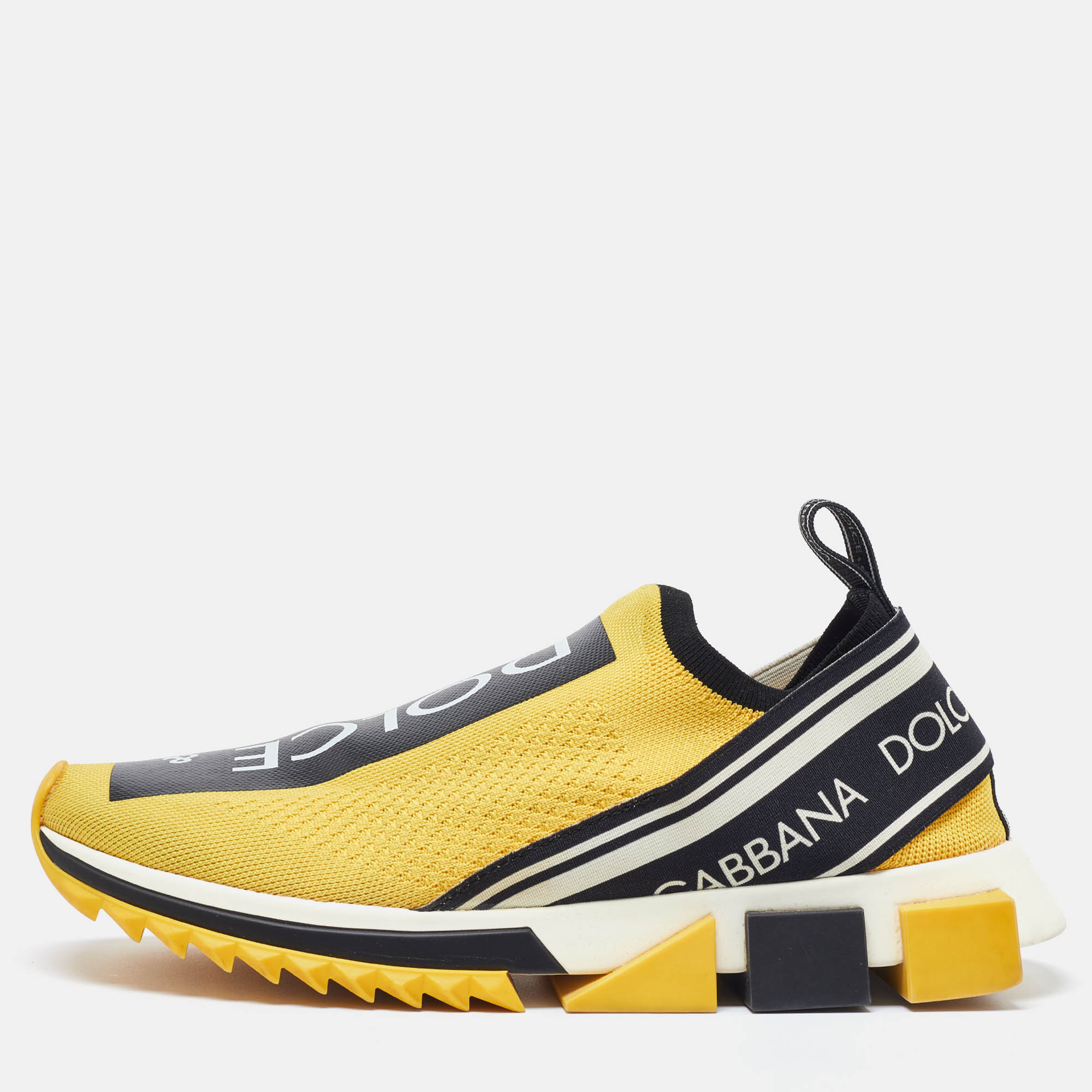 

Dolce & Gabbana Yellow/Black Stretch Fabric Jersey Logotape Print Slip On Sneakers Size