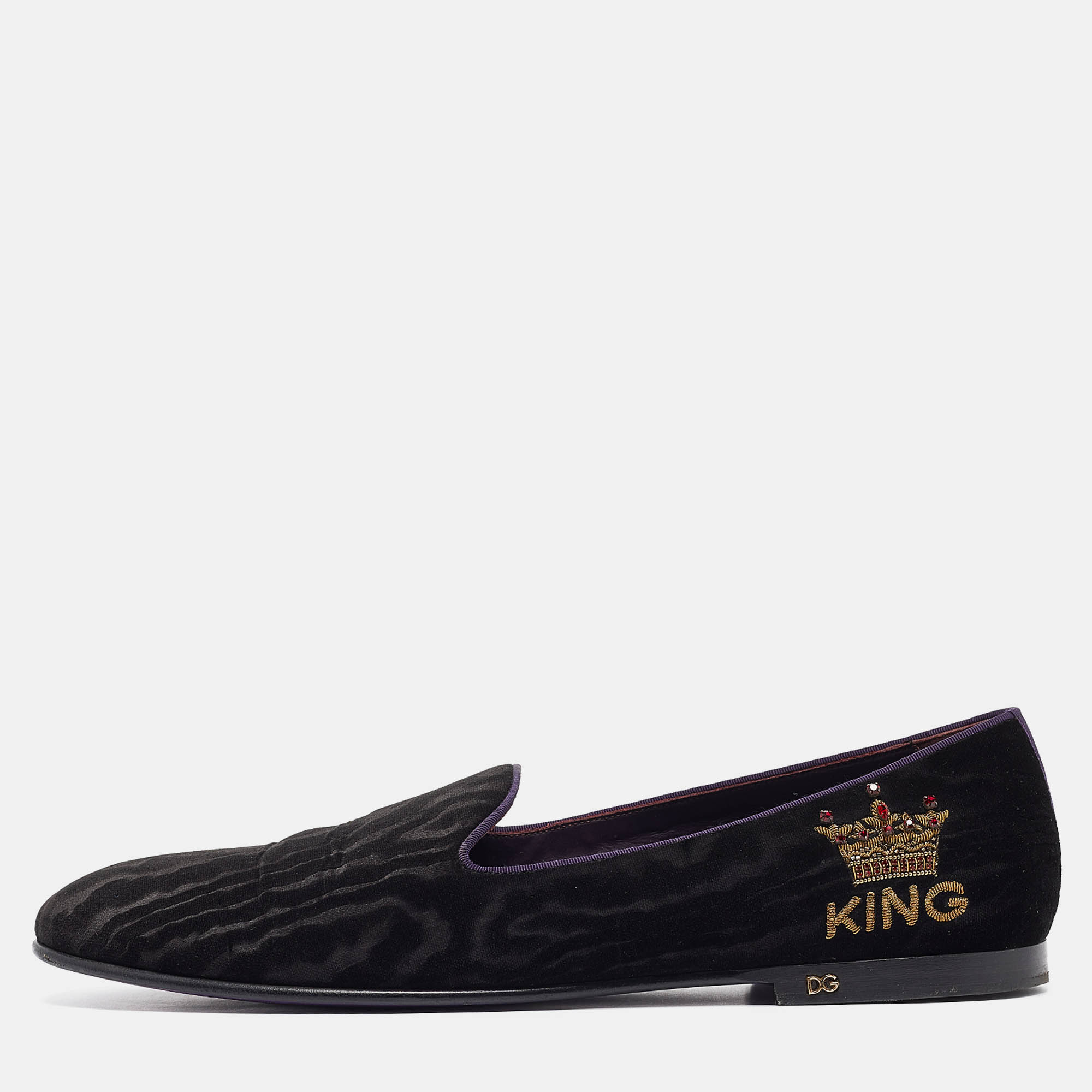 Pre-owned Dolce & Gabbana Black Velvet King Slip On Smoking Slippers Size 45