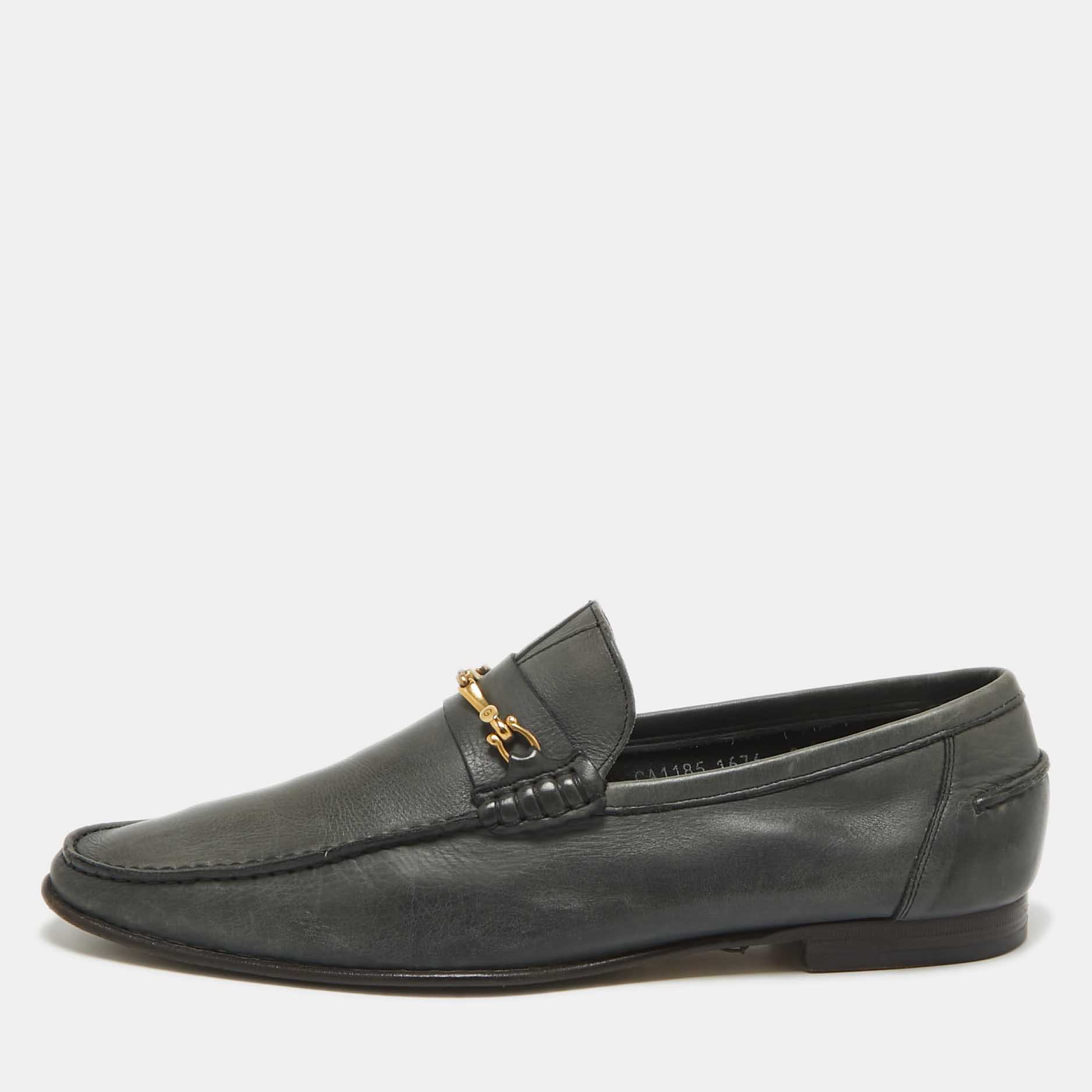 

Dolce & Gabbana Dark Grey Leather Buckle Detail Loafers Size 43