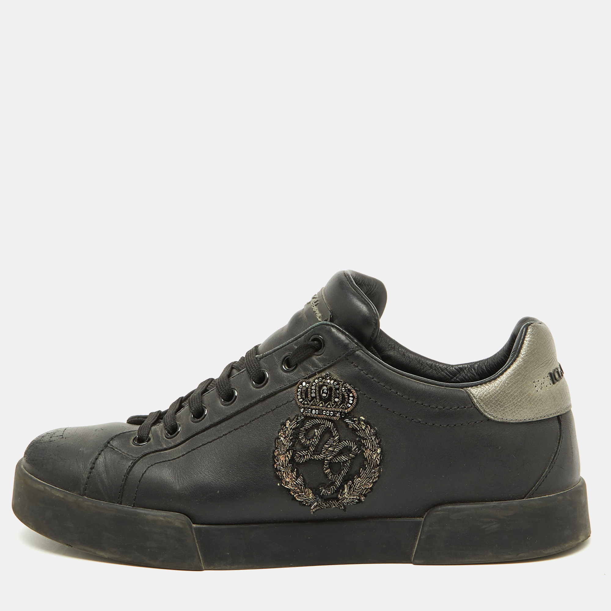 

Dolce & Gabbana Black Leather Portofino Crown Patch Sneakers Size 41