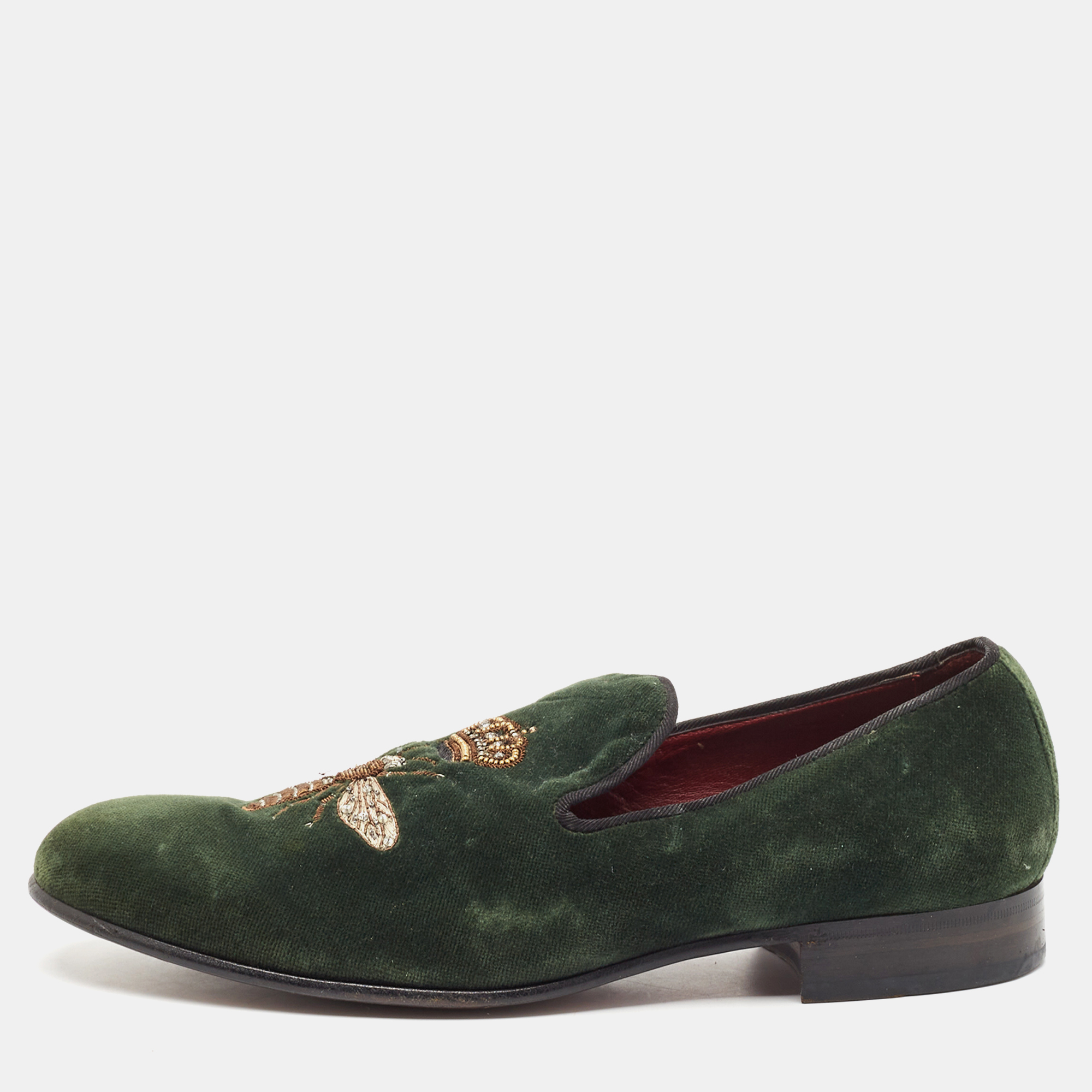 

Dolce & Gabbana Green Velvet Bee Embraided Slip On Loafers Size 42